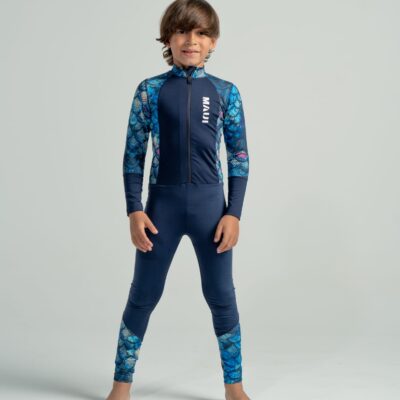 بدلة سباحة كاملة للأطفال -باللون الكحلي مع نقشة قشر السمك اللبني