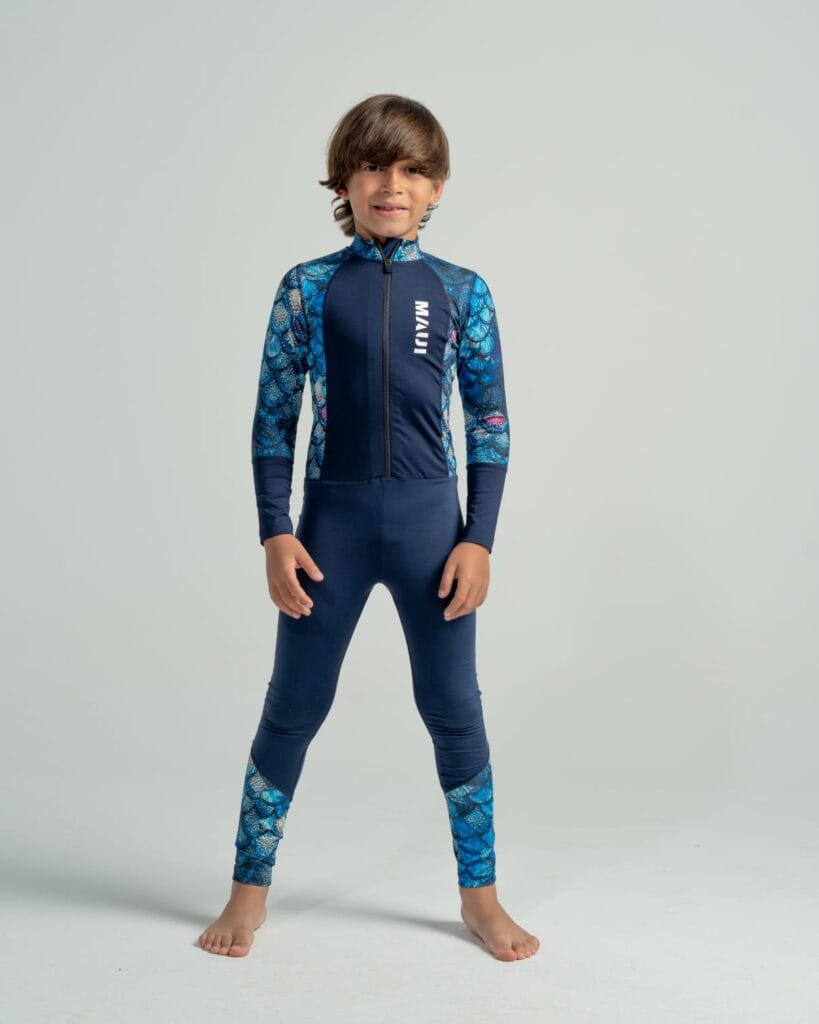 بدلة سباحة كاملة للأطفال -باللون الكحلي مع نقشة قشر السمك اللبني