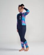 بدلة سباحة كاملة للبنات- باللون الكحلي مع نقشة الورد