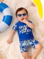 مايوه بيبي أولادي قطعتين مبطن - طقم سباحة ناعم للأطفال بنقشة Shark Power | MAUI